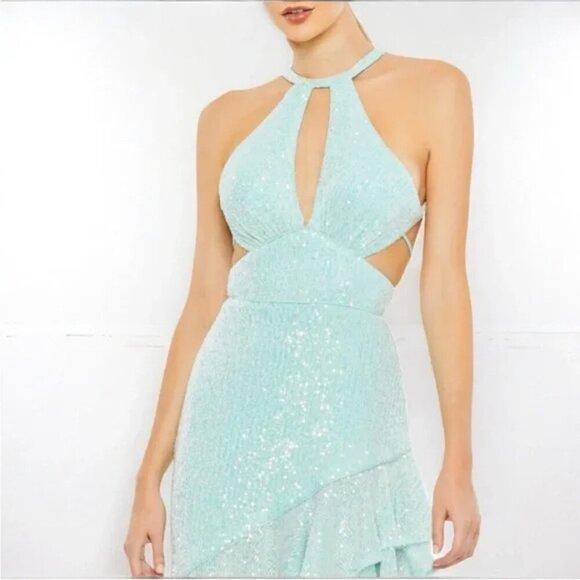 Ieena Mac Duggal 11274 Aqua Blue Sequin Halter Cut Out Ruffle Asymmetric Dress - Picture 4 of 5